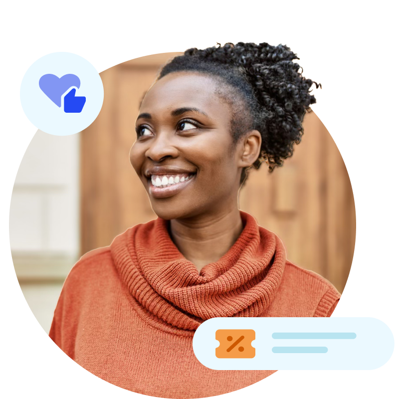 Woman smiling with icons.