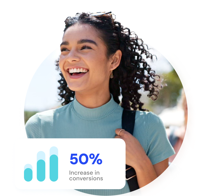 Female student smiling with stat: 50% increase in conversions.