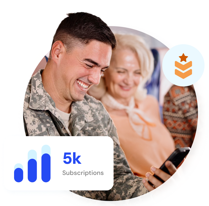Military personnel and mother smile at phone. Stat: 5K conversions.