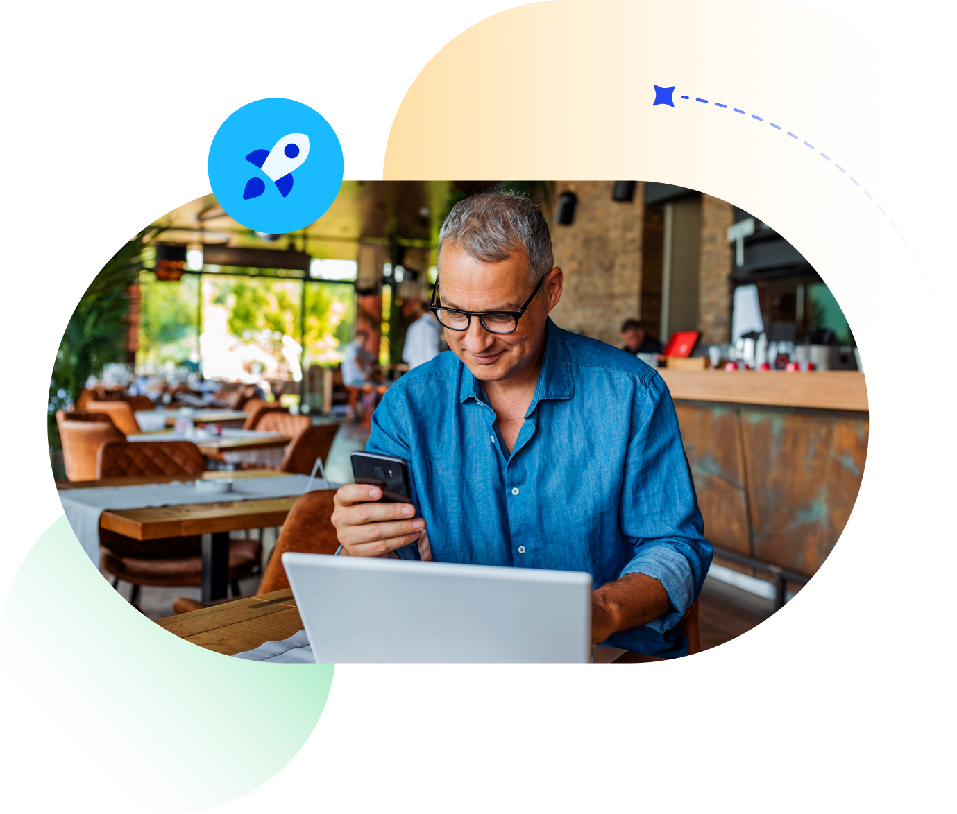 Stylized image of older man on phone and laptop.