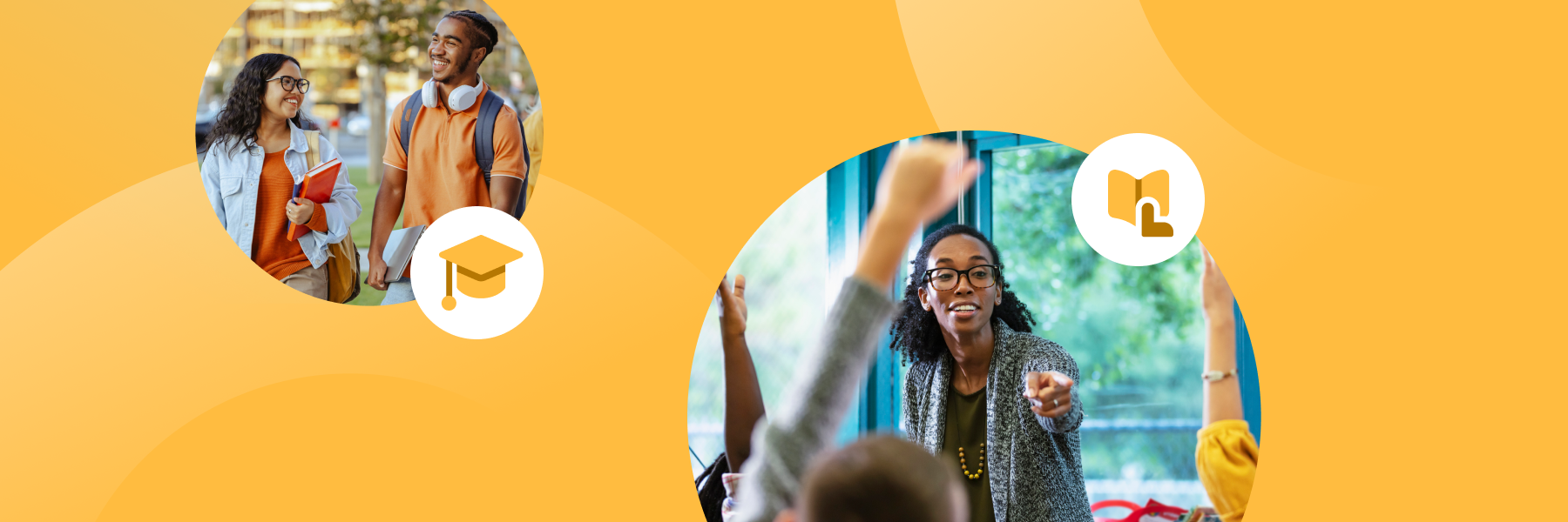 Composite image of teacher and students.