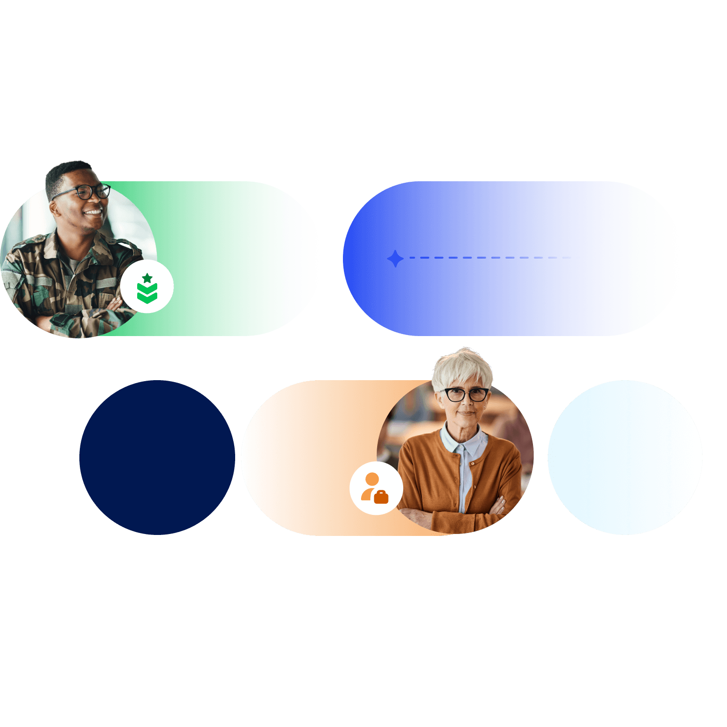 Abstract graphic with people icons and gradient shapes. Features a smiling man in a plaid shirt with a plant icon, and a smiling woman in an orange cardigan with a person icon.