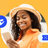 Blog header graphic showing a smiling young woman in a straw hat and orange shirt looking at her phone. The background is yellow with a heart icon with a checkmark and a coupon icon with a percentage sign.