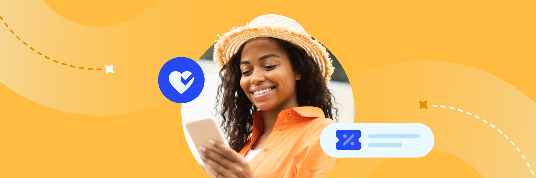 Blog header graphic showing a smiling young woman in a straw hat and orange shirt looking at her phone. The background is yellow with a heart icon with a checkmark and a coupon icon with a percentage sign.