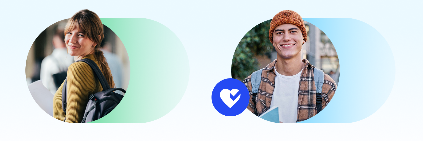 Two scenes featuring students. The left shows a smiling young woman with a backpack looking over her shoulder. The right shows a smiling young man in a beanie and plaid shirt with a backpack, next to a blue icon with a white checkmark.