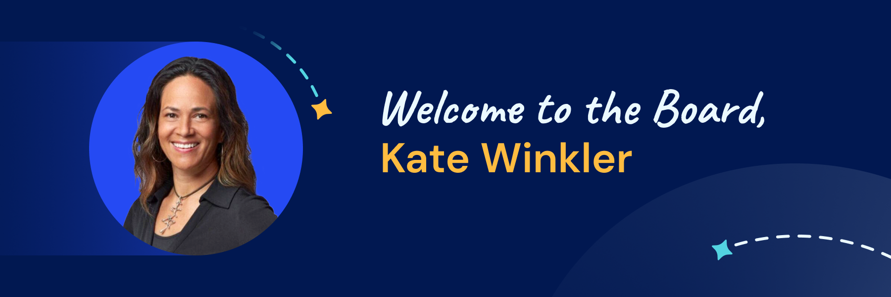 Press release graphic welcoming new board member Kate Winkler. The image shows a headshot of a smiling woman with long brown hair, and the text 'Welcome to the Board, Kate Winkler' on a dark blue background.