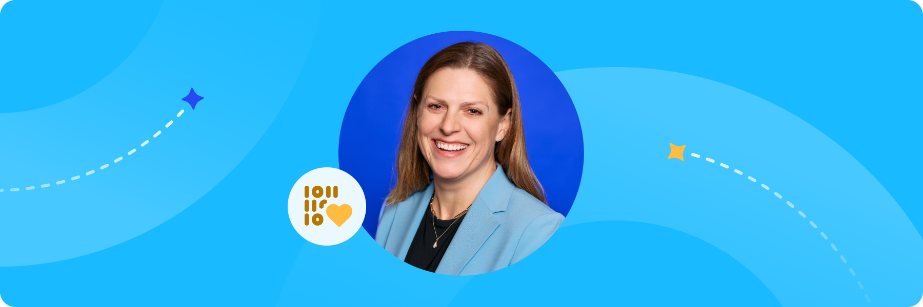 Blog graphic featuring a smiling woman, Lara, wearing a light blue blazer in a circular portrait. The blue background includes a binary code heart icon and abstract dashed lines.