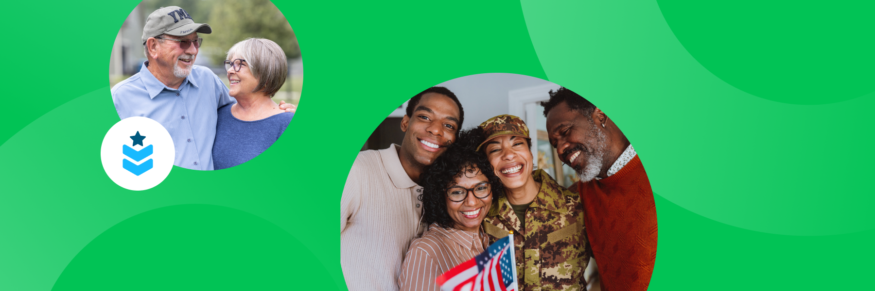Blog header graphic on a bright green background. The image features two circular photos: left shows an older couple smiling at each other with a star icon overlay; right shows a diverse family smiling, one woman is wearing a military uniform and holding an American flag.