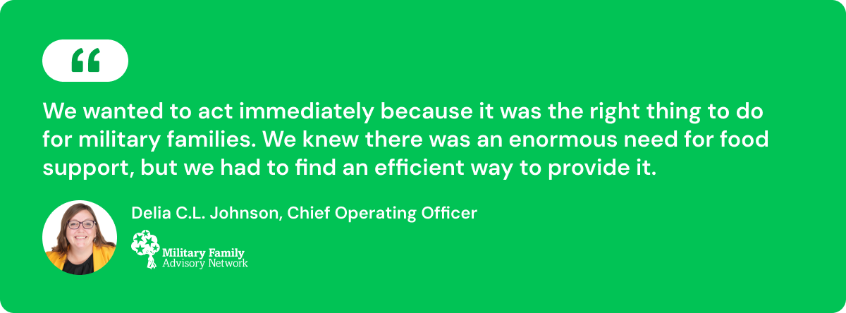 Graphic with quote from Delia Johnson, COO of MFAN, about providing food support to military families. Green background.