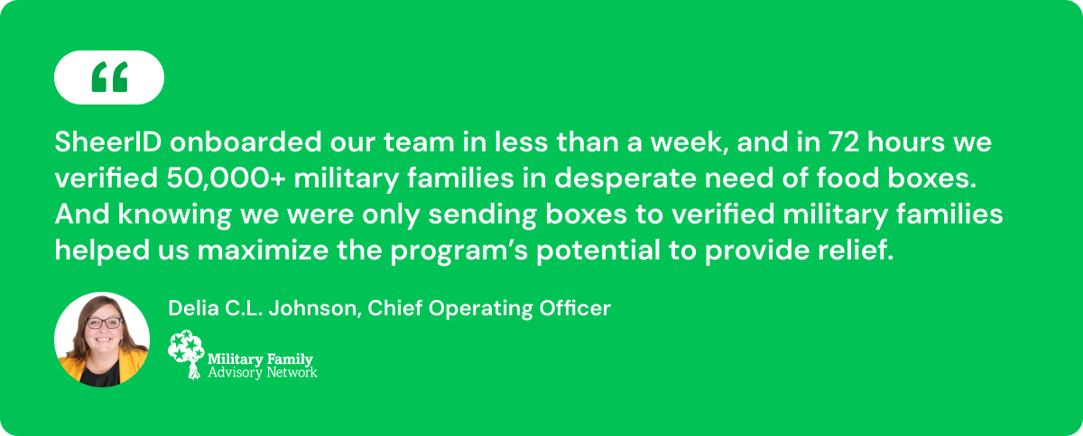 Graphic with quote from Delia Johnson, COO of MFAN, on verifying 50K military families with SheerID quickly.
