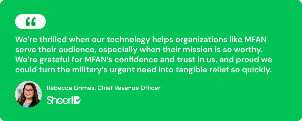 Quote graphic from Rebecca Grimes, CRO of SheerID, on MFAN partnership for military verification technology.
