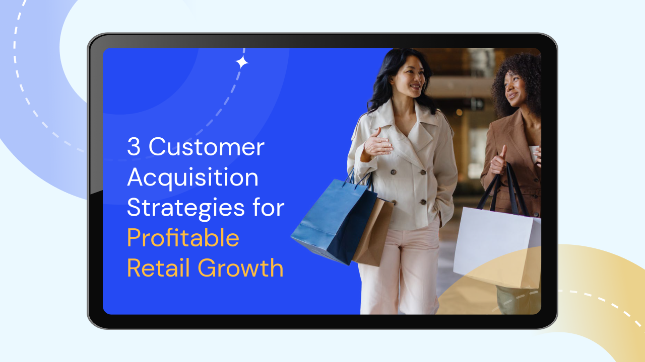 Tablet showing playbook: 3 customer acquisition strategies. Image of shoppers. Focus on profitable retail marketing.