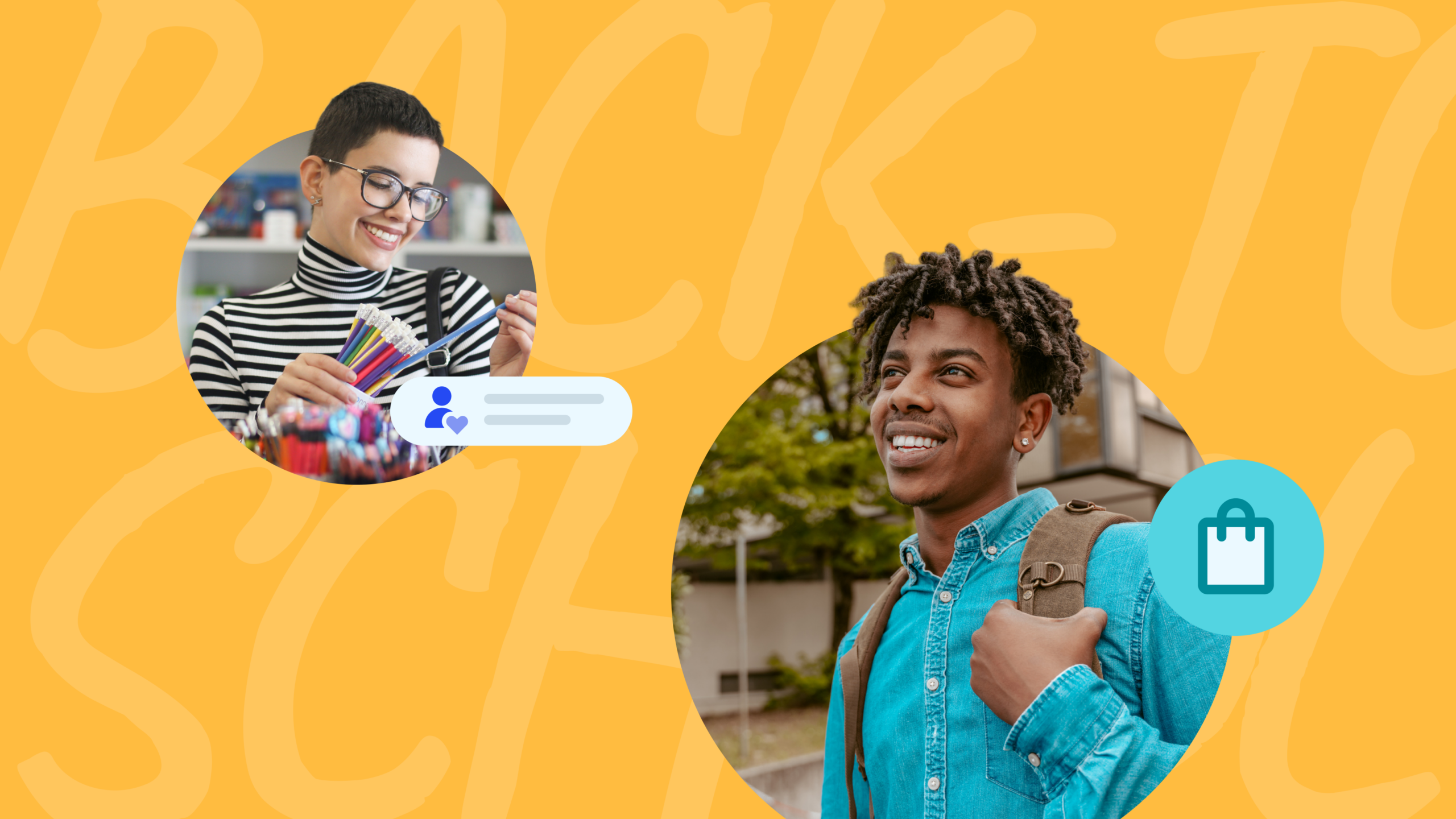Woman holding colorful pens and man with backpack on yellow background with 