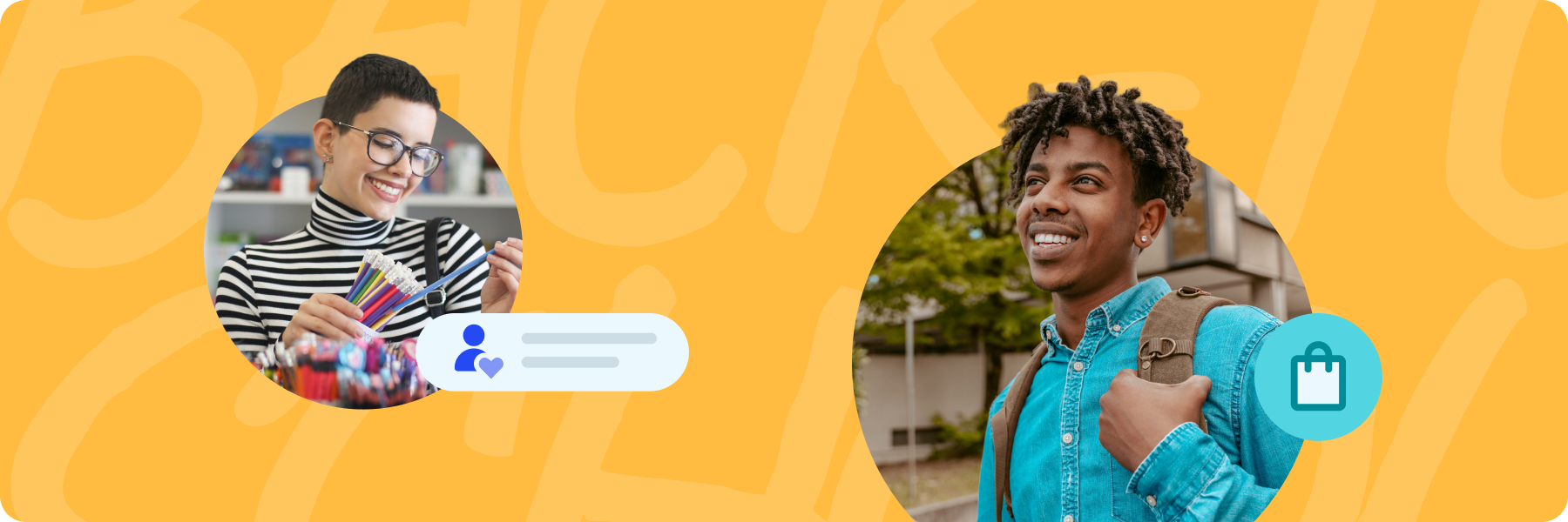 Students shopping for supplies and walking with backpacks on a yellow background with 