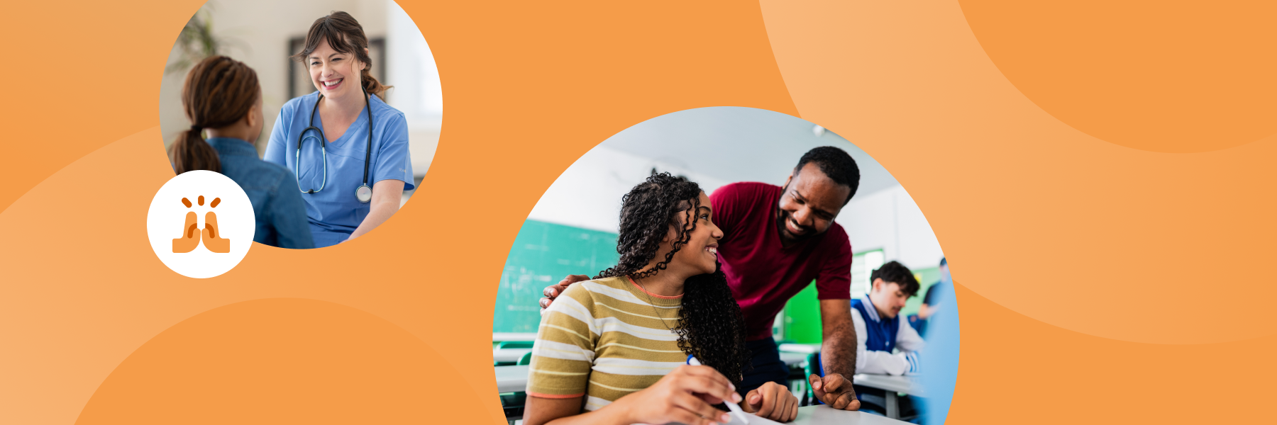 Orange graphic header with circular photos of a nurse and a teacher. Highlights nurse discounts and teacher discounts.