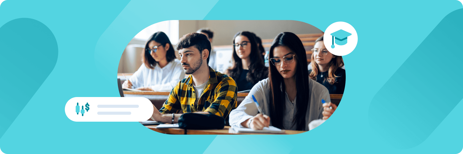Diverse Gen Z college students taking notes in a lecture hall during a marketing to college students campaign.