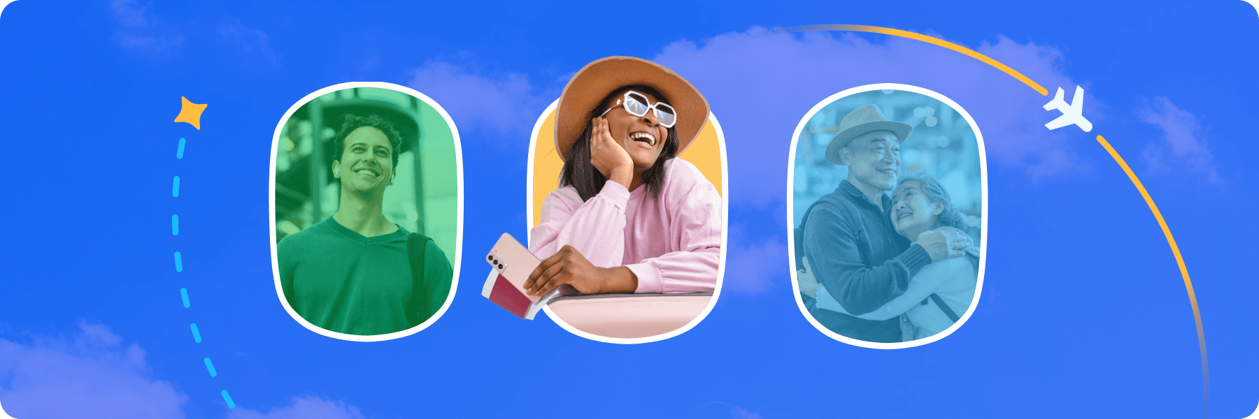 Diverse travelers framed by airplane windows, happy to receive a verified, exclusive offer for airline loyalty.