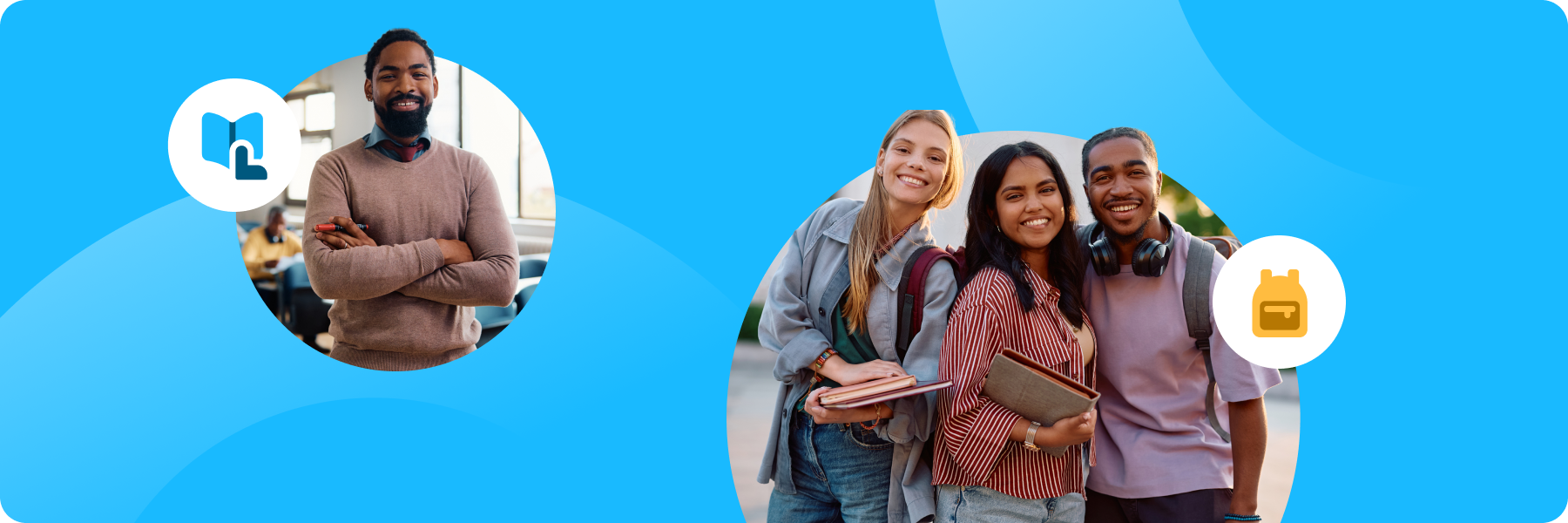 Smiling teacher with arms crossed and three happy college students holding notebooks on a bright blue background.