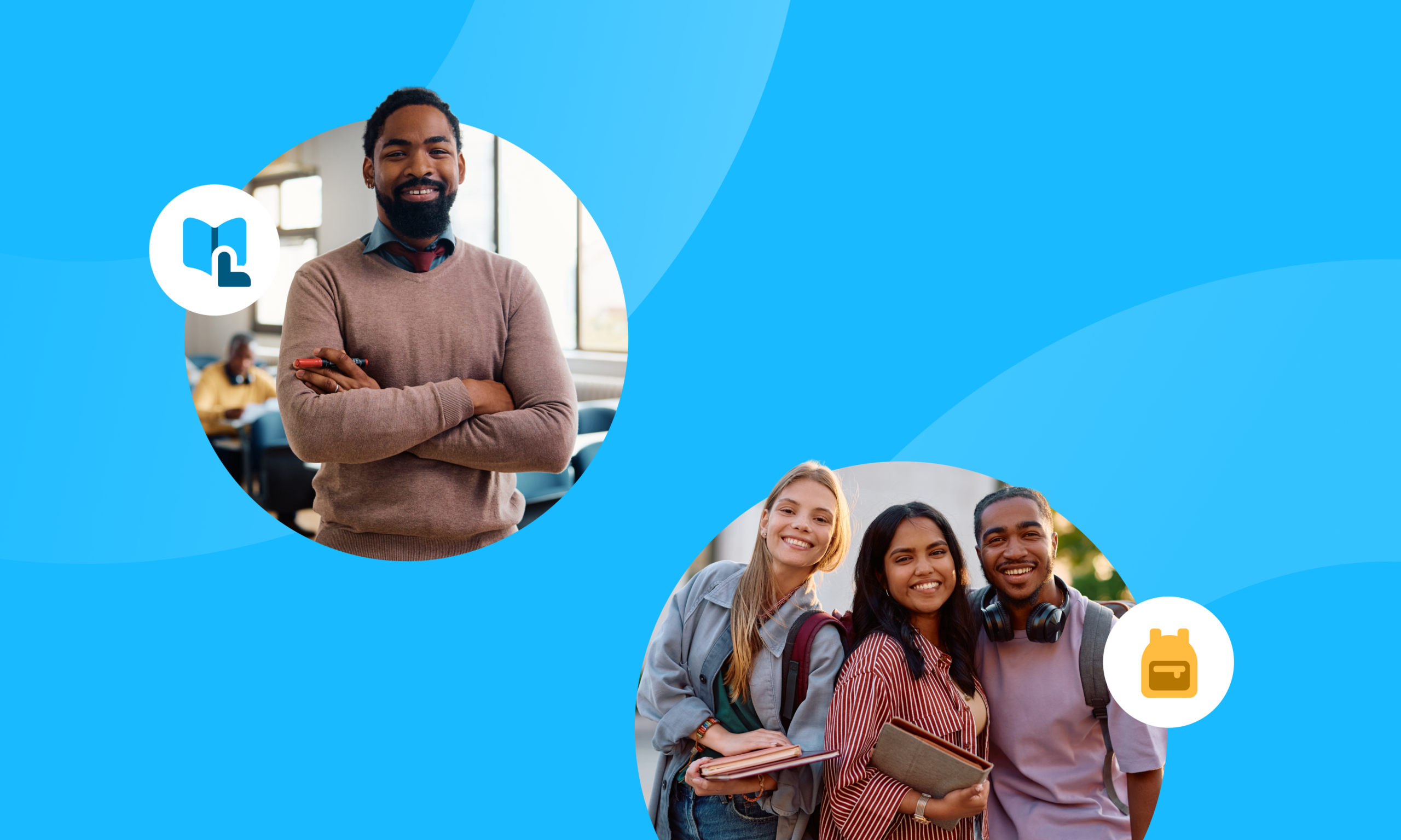 Smiling teacher with arms crossed and three happy college students holding notebooks on a bright blue background.